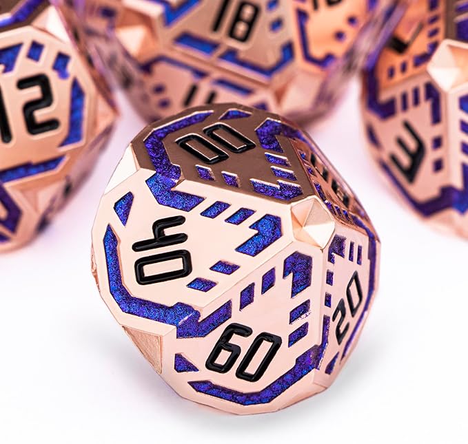 Metal DND Sci-fi Dice Set 7PCS Stripe Polyhedral Dice for Dungeons Dragons RPG Role Playing Game, Glitter D and D Dice with Gift Box D6 D8 D10 D12 D20 (Copper Blue)