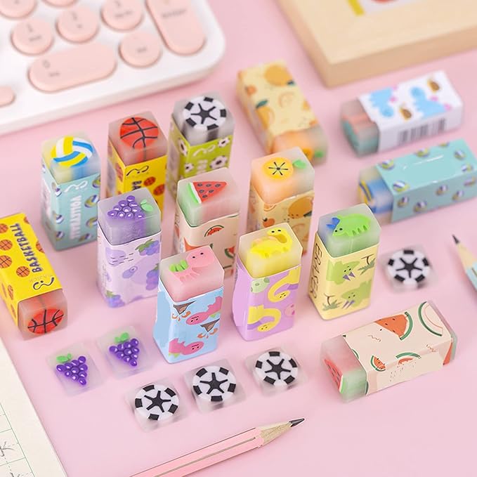 Cute Erasers for Kids Bulk 16 Pack Animal Food Fun Desk Pets Pencil Students School Supplies Prize Gifts Party Favors
