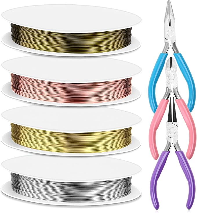 anezus 7 Pcs Jewelry Pliers and Jewelry Beading Wire Tools Set Includes Needle Nose Pliers, Round Nose Pliers, Wire Cutters and Craft Wire for Jewelry Repair Making Supplies