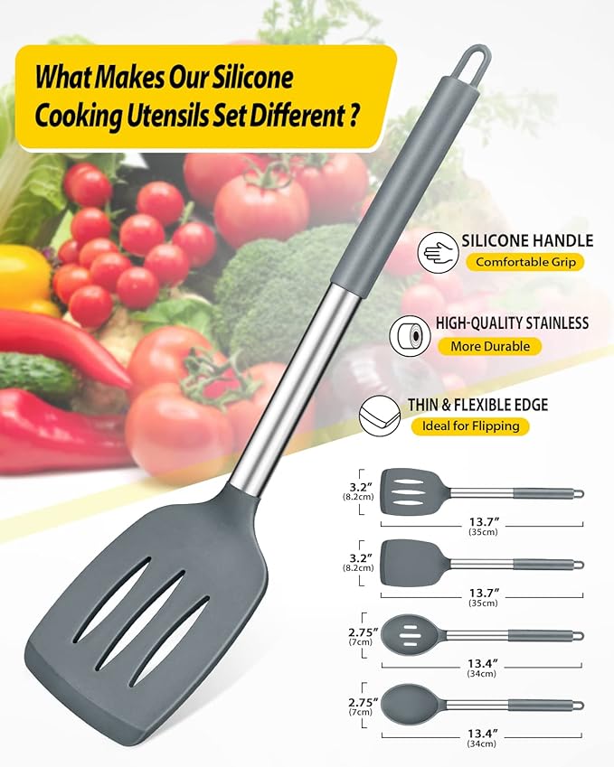 Pack of 4 Silicone Cooking Utensils Set, Non Stick Large Solid Spatulas, Heat Resistant Gray Slotted Spoons, Ideal BPA Free Kitchen Turners for Frying, Mixing,Serving,Draining,Turning,Stirring