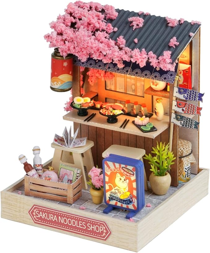 DIY Miniature House Kit, Mini House Building Kit with LED & Dust Cover, DIY Wooden Dollhouse Miniature Kit for Adults Teen, Wooden Crafts Lovely Dollhouse Kit, Sakura Noodle Shop