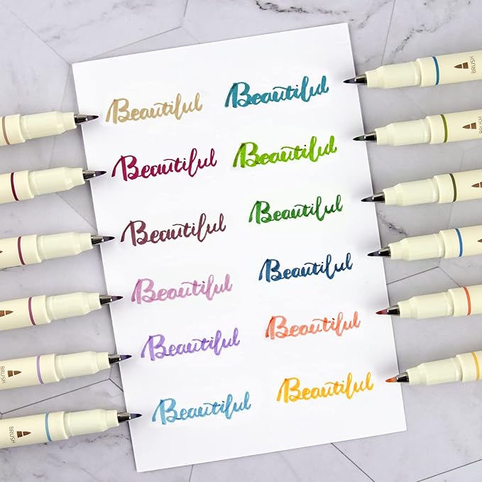 WRITECH Arts Sign Brush Pen Brush Tip Marker Felt Tip Water Based Ink Color Pens 12 Assorted Vintage Colors Great for Lettering Journaling Calligraphy (Vintage)