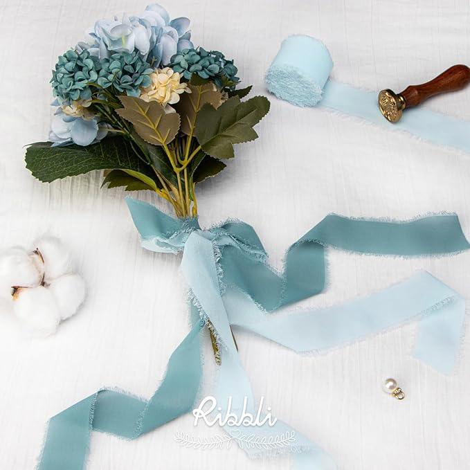 Ribbli Ice Blue Chiffon Silk Ribbon, 1-1/2 inch x 20 Yard, Handmade Fringe, Wedding Invitations, Bridal Bouquets, Home Decor
