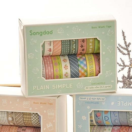 20 Rolls Basic Washi Tape Set Japanese Arts Adhesive Tapes Simple Patterns Decorative Masking Tape Sets for Craft, Kids, Scrapbook, DIY, Gift Wrapping (Style Five)