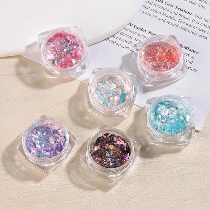 Holographic Iridescent Nail Art Glitter Flakes, 6 Colors Sparkly Ultra-Thin Aurora Foil Nail Art Flakes Designs, Opal Powder Nail Glitters Sequins Acrylic Supplies DIY Manicure Decorations