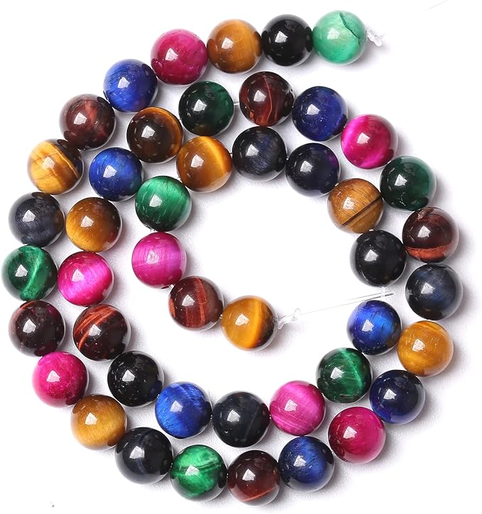 72pcs 10mm AAA Natural Colorful Tiger Eye Stone Beads Gemstone Round Spacer Loose Beads for Jewelry Making DIY Bracelet Necklace 32" 2 Strands