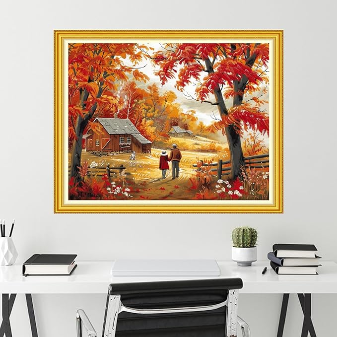 Funchey Stamped Cross Stitch Kits, DIY Cross Stitch Pattern for Adults Beginners Needlepoint Kits Embroidery Kit Arts and Crafts 11CT-Autumn Outing for Couples 16x20 inch