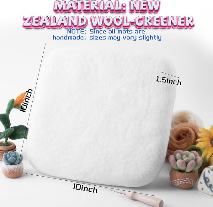 NFAMRZCAR Needle Felting Mat,10x10x1.5 Inch Thick and Firm Needle Felting Pad Natural Wool Mat with 20 Needle 1 Clean Cloth,Clear Instruction