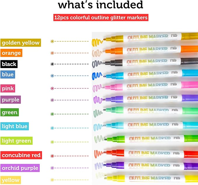 Incraftables Outline Glitter Markers (12 Colors) – Metallic, Double Line Pens, Shimmer Markers for Crafts, Greeting Cards, Drawing & Kids Adults