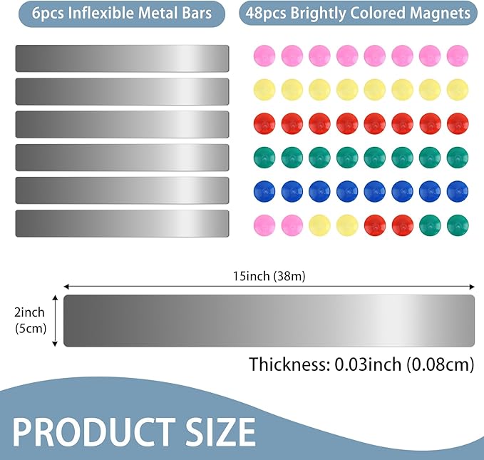 6Pcs 15''L x 1.97''W Frameless Magnetic Bulletin Strip with 48pcs Magnets, Self Adhesive Backing Stainless Iron Bar Memo Board for School, Home, Office