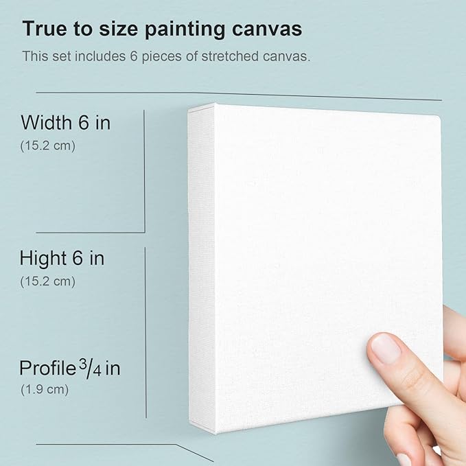 PHOENIX 6x6 Inch 6 Pack Artist Canvas - Small Square Stretched Canvases for Painting - 3/4 Inch Profile, 100% Cotton 11 Oz. Gesso Primed White Blank Professional Canvas Oil & Acrylic Paints