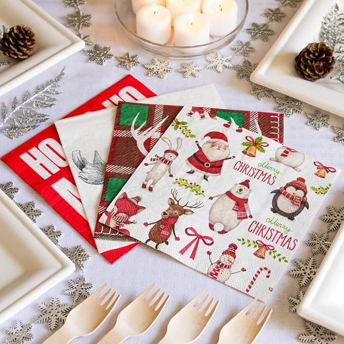 13 Inch Paper Luncheon Napkins, 20 Merry Christmas Design Printed Napkins - 3-Ply, Textured Edges, White Paper Decorated Napkins, Soft And Strong, For Parties Or Catering Events - Restaurantware