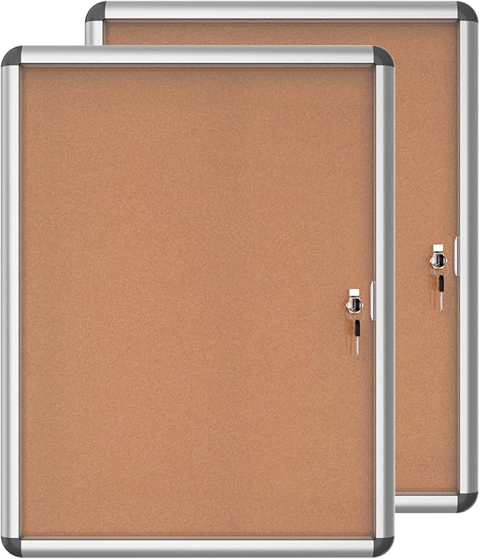 2 Pack 26"x20" Enclosed Bulletin Board, Lockable Weather-Resistant Aluminum Cork Noticeboard for School & Office, Silver Frame w/Cork