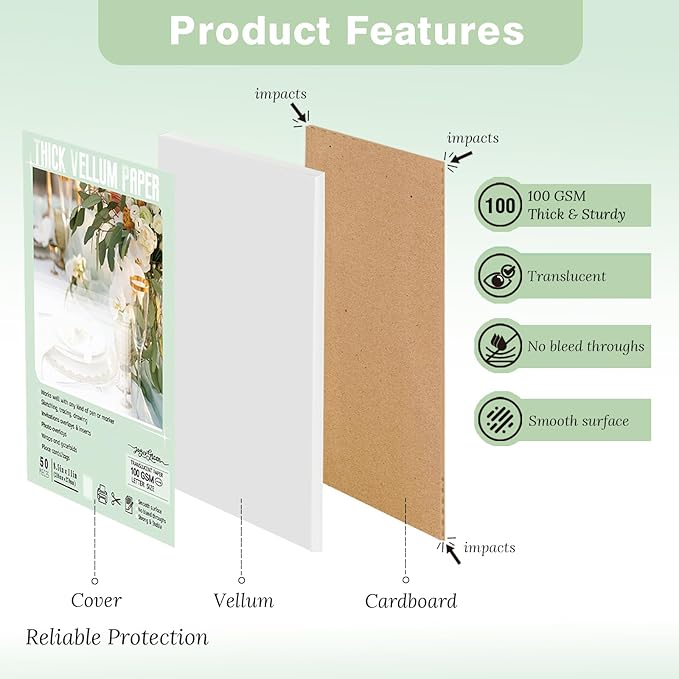 JAGERGREEN Vellum Paper 8.5 x 11 Inches 100GSM 100 Sheets, Thick Translucent Printable Vellum Paper for Invitations, Vellum Jackets, Envelopes, Crafts, Wedding Belly Bands, Tracing Paper for Sketching