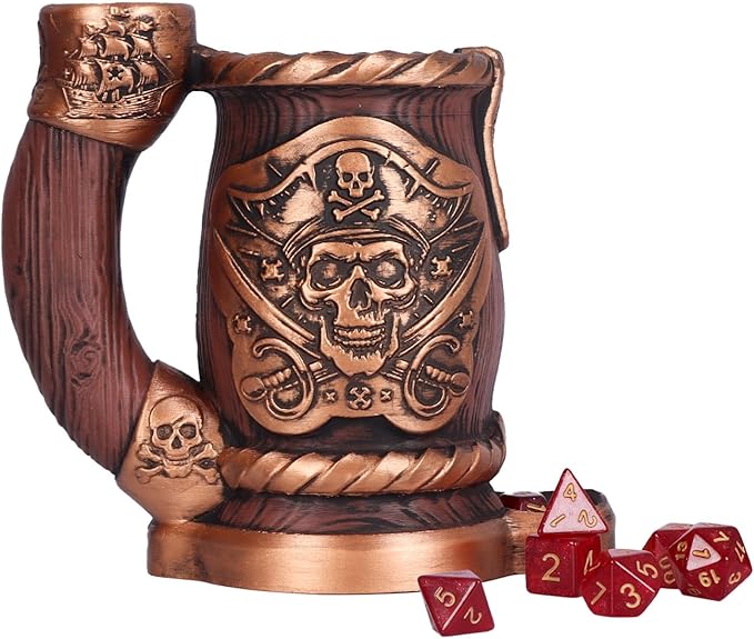 Dice Tower Mug, Dice Rolling Tower, Comes with 7 PCS Dice Set, Suitable for DND Dungeons and Dragons, Tabletop Games, Available As Drink Holder, D&D Gifts, DND Accessories (Wooden Skull)