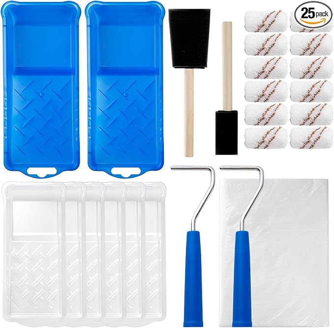 Mister Rui Paint Roller Kit, 25 Pack, 2 Inch Microfiber Paint Rollers 10 mm Nap, Small Paint Roller Kit, Mini Paint Roller, Paint Tray with Liners, Sponge Paint Brush, Mini Rollers for Painting