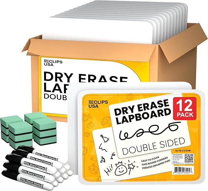 Dry Erase Board, Dry Erase Lap Boards (with 12 Markers & 12 Erasers), Small White Boards Dry Erase, White Board Mini, 9” x 12” Double Sided (12 Pack)