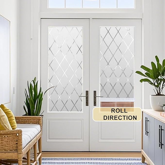 Window Privacy Film Decorative for Front Door, Bathroom Static Cling Stained Glass Sticker Opaque Heat Control UV Blocking Non-Adhesive for Home,Grid 23.6 x 78.7 inches