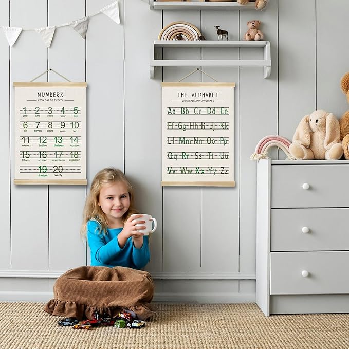 Alphabet and Numbers Wall Chart Set of 2 ,Kids Educational Posters,ABC and 1-20 Number Learning Banners for Toddlers, Preschool Classroom, Homeschool, Nursery, Playroom Decor 14 x 18.5 Inch(Green)