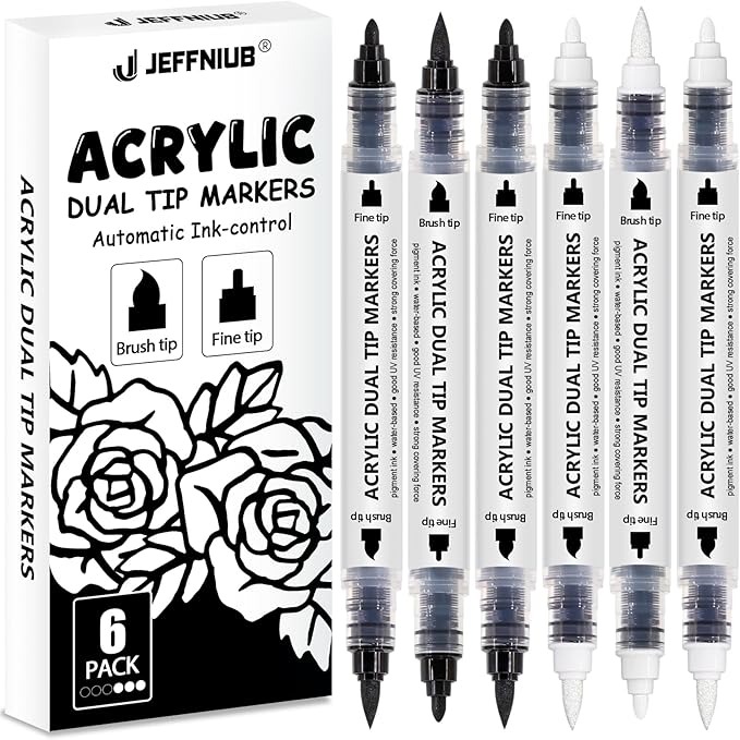 Black White Acrylic Paint Pen Brush, 6PCS Dual Tip Automatic Ink-control Acrylic Markers for Rocks, Metal, Glass, Wood, Fabric, Porcelain, Ceramic