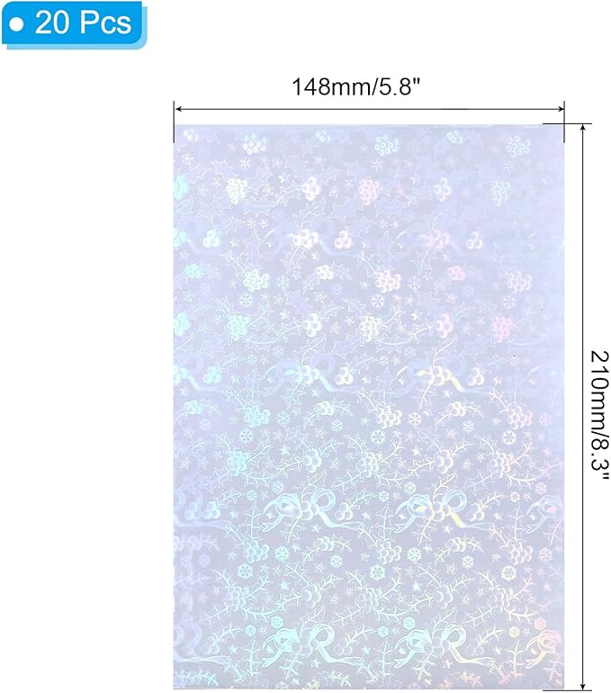 PATIKIL 8.3x5.8" Holographic Sticker Paper, 20Sheets A5 Polypropylene Self-Adhesive Transparent Waterproof Laminate Overlay Film for Photo Cards Scrapbook Decorations, Christmas Ribbon