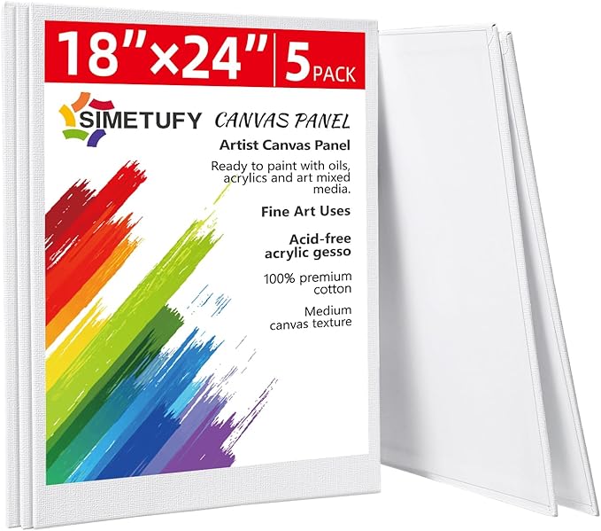 Simetufy 18 x 24 inch 5 Pack Canvas Panels Large Flat Canvas Boards for Painting - Gesso Primed Acid-Free 100% Cotton for Acrylics Oil Watercolor Tempera Paints
