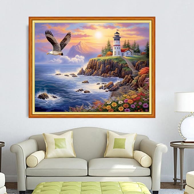 DMCVIVR Stamped Cross Stitch Kits for Adults Beginners Embroidery Kits 11CT Needlepoint Kits Cross Stitch Patterns Embroidery Patterns- Seaside Lighthouse 16x20 inch