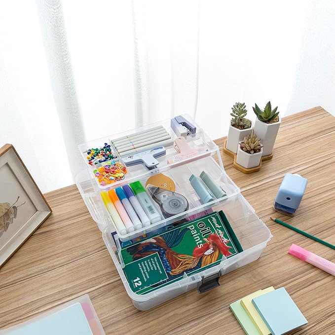 MyGift 13 Inch Transparent Plastic Empty Multipurpose Storage Box with Gray Handle, Latching Lid and 2 Expandable Trays for Tools, First Aid, Sewing Kit, Arts Crafts Supplies