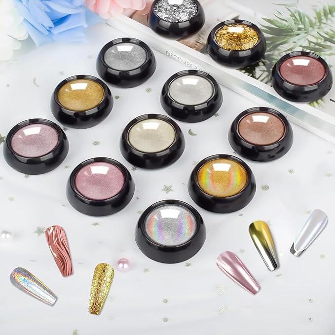 Gold Silver Chrome Nail Powder, 12 Colors Iridescent Holographic Unicorn Chrome Powder for Nails, Metallic Mirror Effect Rose Gold Champagne Nail Powder Pigment Glitter Foils Flakes Nail Art