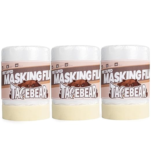 TAPEBEAR Pre-Taped Masking Film 22inch x 65feet(550mmx 20m), Plastic Cover for Painting, Tape and Drape, Plastic Sheeting for Automotive, Floor, Appliance and Furniture, 3Rolls