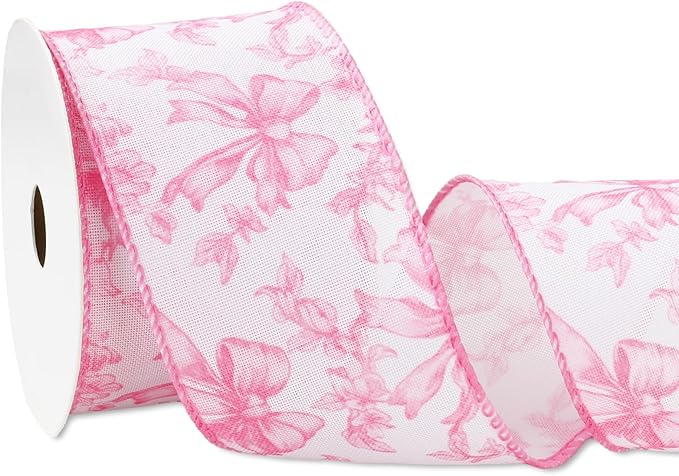 Pink Floral Bow Wired Edge Ribbon Chinoiserie Flower Bowknot Fabric Ribbon for DIY Crafts Wreath Bow Making Supplies, 12 Yard