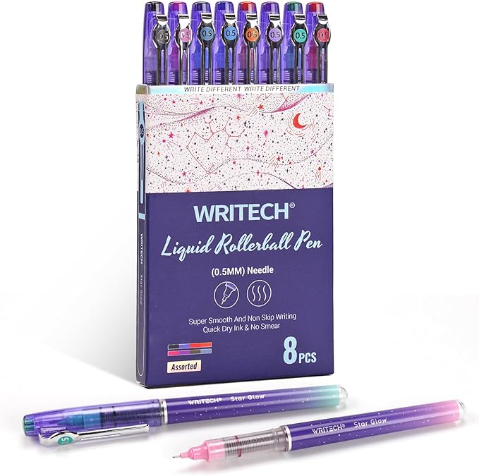 WRITECH Liquid Ink Rollerball Pens: 8ct Assorted Colors Extra Fine Point Tip 0.5mm Rolling Pen for Smooth Writing Coloring Drawing Journaling No Bleed & Smear &Smudge Multi Colored