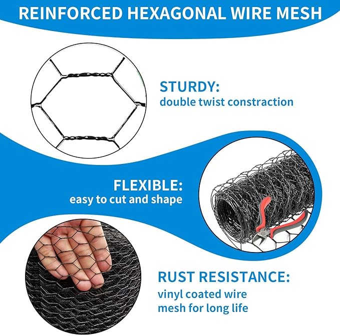 24'' x 150' Black Chicken Wire Mesh Fence, 20 Gauge Galvanized Poultry Netting and 1 inch Garden Mesh Fence Roll, Chicken Wire for Floral Arrangements/Crafts/Farm/Livestock/Pet Protection