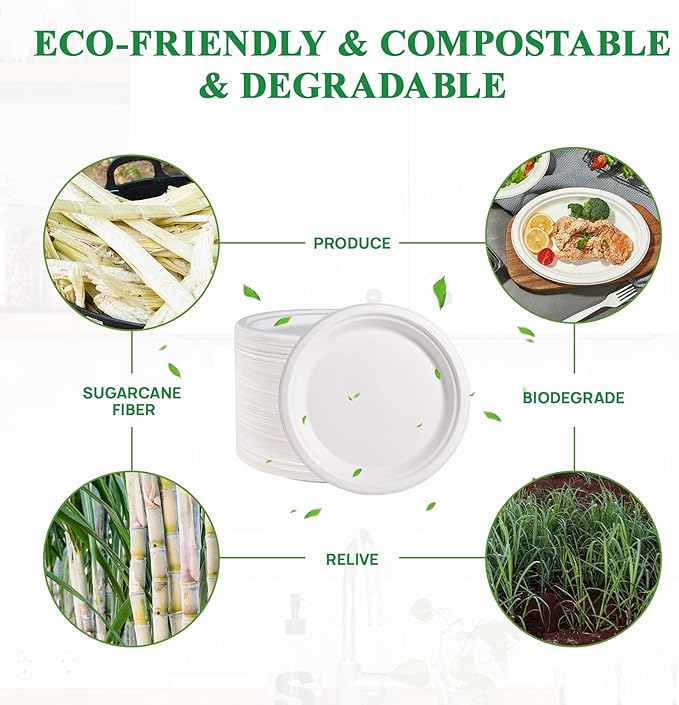 Vplus 500 Pack Paper Plates 9 inch 100% Compostable, Heavy-Duty Disposable Paper Plates Bagasse Natural Biodegradable Eco-Friendly Sugarcane（White）