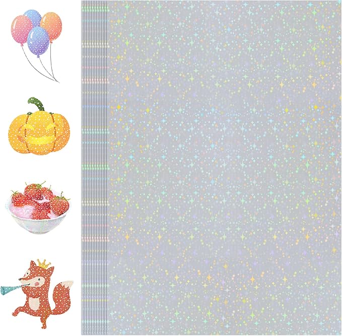 36 Sheets Holographic Sticker Paper Transparent Holographic Laminate Sheets Self Adhesive Glitter Film Laminating Sheets Clear Waterproof Vinyl Overlay for DIY Crafts, 8.5 x 11 inch Star Pattern