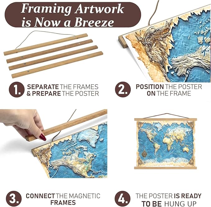 DACRI HOME 52" Magnetic Poster Hanger Frame - Sturdy Teak Wood Poster Frame 52x20 52x32 52x36, Strong Magnets for Easy Hanging Map Picture Canvas Print Scroll Wall Art (52 Inch, Natural Wood)
