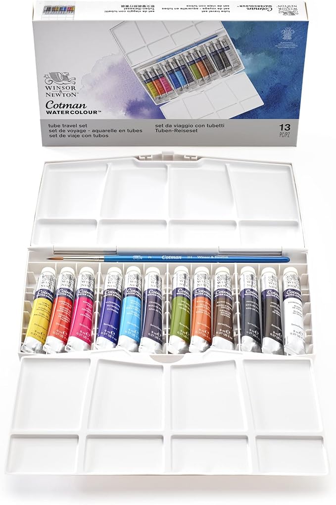 Winsor & Newton Cotman Watercolor Paint Set, 12 Colors, 8ml (0.27-oz) Tubes w/ Brush