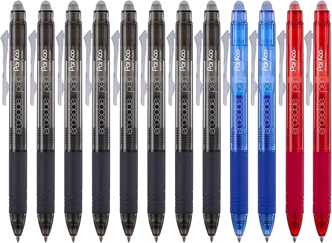 ParKoo Retractable Erasable Gel Pens Clicker Fine Point 0.7 mm, No Need for White Out, 8 Black/2 Blue/2 Red Ink for Completing Sudoku and Crossword Puzzles, 12-Pack