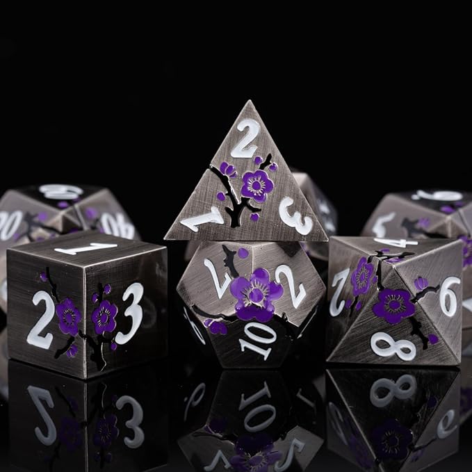 Black Metal DND Dice Set with Gift Case for Dungeons and Dragon, 7 PCS Solid Metal Dice for Tabletop Game(Antique Nickel-Purple)