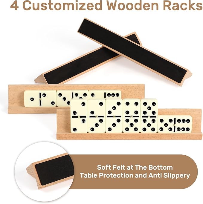 Jumbo Dominos Set for Adults with 4 Wooden Racks/Trays, Double 6 Dominoes Travel Set with Portable Case Double Six Dominoes Set with 4 Tiles Holders, 28 Tiles Dominos Set for Family Board Games