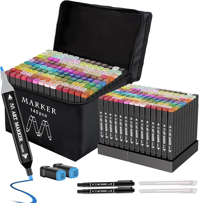 Banral 140 Colors Alcohol Markers Set, Dual Tip Alcohol Based Art Marker for Artists Kids Adult Coloring, Permanent Illustration Sketch Pens for Drawing with Case and Holders