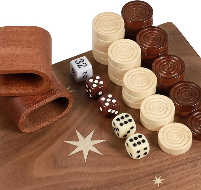 Handcrafted Wooden Backgammon Set - 16x15.3inch, Oversized Pieces, Intricate Carvings, Premium Travel Game Board for Adults & Kids (Star)