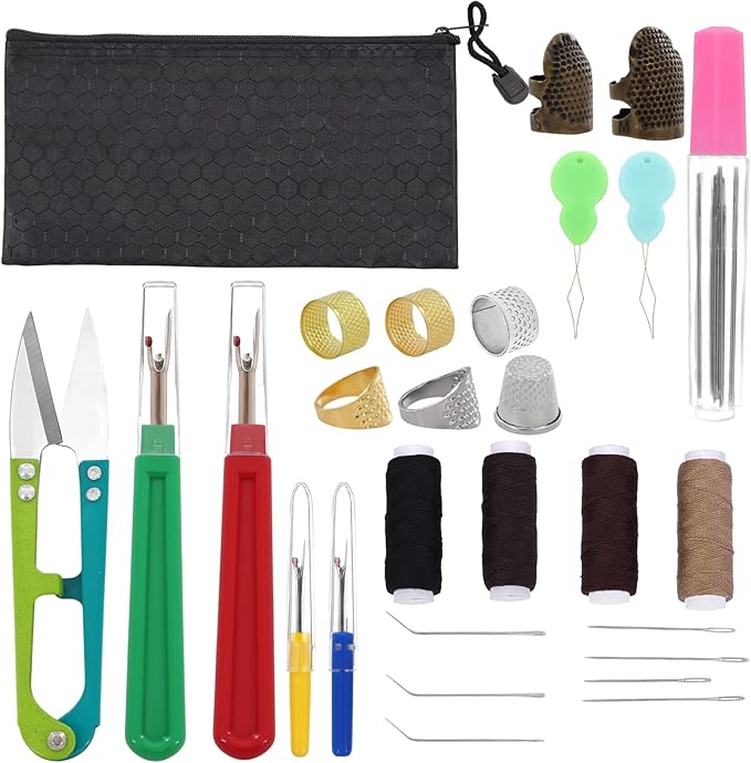 Thimbles for Hand Sewing, Cross Stitch Supplies, Embroidery Thimble, Sashiko Finger Protectors, Quilting Thumb Protector Pads, Includes Thimble, Seam Ripper, Thread and Thread Snips, Etc.