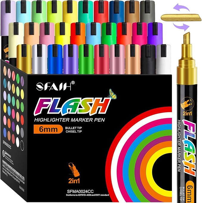 SFAIH Liquid Chalk Markers [1-Second Wet Wipe] - 6mm 30 Colors [Neon+Pastel+Metallic], No Residue, Zero Dust Chalkboard Markers for Whiteboard, Windows, Glass, Signs, With Highlighter Color Marker
