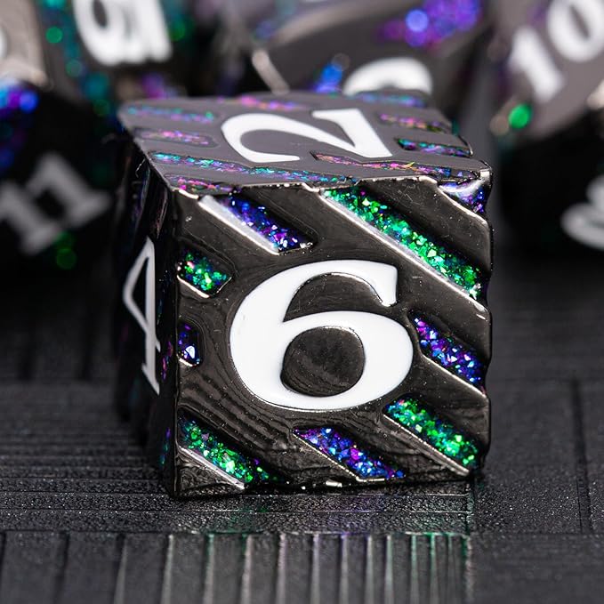 Dungeons and Dragons Dice, Metallic Stripes Dice with Gift Case, Metal Polyhedral Dice Sets for Tabletop Games D&D Role Playing Game (Black Nickel-Purple Green)