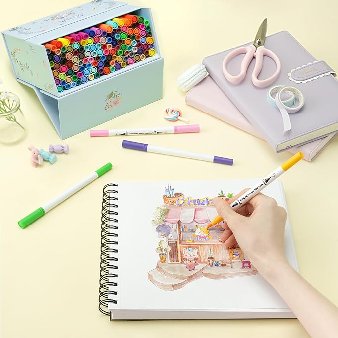 Ohuhu Markers for Adult Coloring Books No Bleeding 120 Colors Coloring Markers Water-based Dual Tips Fineliner & Brush Drawing Pens Art Pens for Kids Adults Sketch Journal - Maui - White