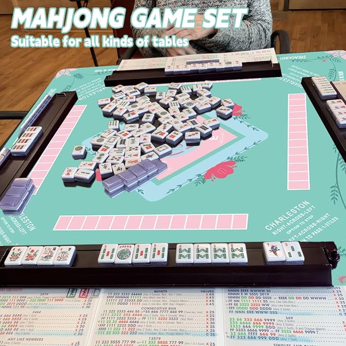 Mahjong Table Mat: 32.4 * 32.4 Inches Non-Slip and Noise-Reducing Mahjong Mat, Suitable for Mahjong, Poker, and Board Games. It Comes with 4 Mahjong Rule Cards, 2 Dice, and 1 Storage Bag.