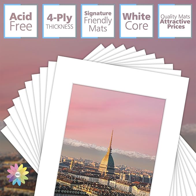 MBC MAT BOARD CENTER, 10 Pack 12x16 for 9x12 White Picture Mats Frame Mattes, Bevel Cut, Acid Free, 4-ply Thickness