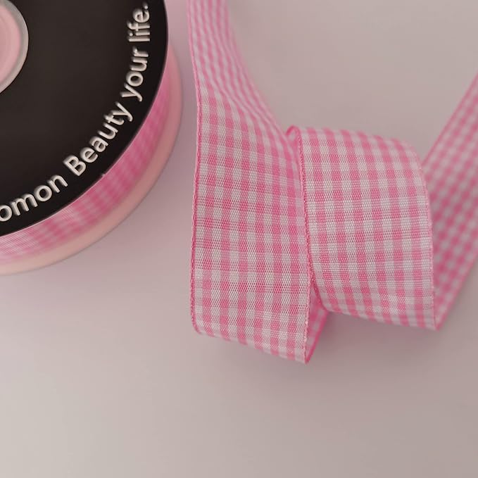 Pink and White Gingham Ribbon - 25 Yards Each Roll - 100% Polyester (1", Pink)