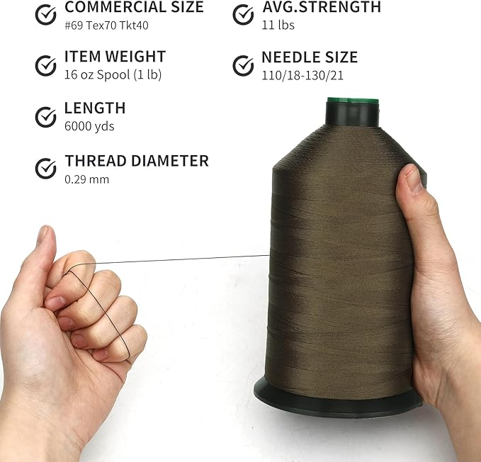 Extra Strong Bonded Nylon Thread #69 Tex70 – 16 OZ, 6000yds, Versatile Stitching Solution for Leather, Upholstery, Canvas Repair and More (Army Green)